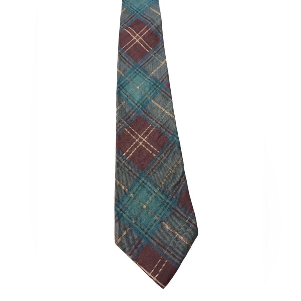 Tommy Hilfiger 100% silk plaid tie. Shades of red green and gold.